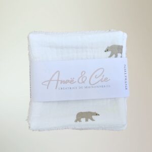 cotons lavables bébé et maman réutilisables en double gaze et bambou certifié - collection brise polaire - coton blanc cassé avec motif ourson dans les tons gris
