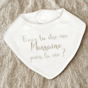 Bavoir bébé personnalisable en gaze de coton et micro éponge – forme bandana ou confort+, couleur au choix, personnalisation au prénom, message prédéfini ou texte personnel en flex