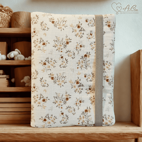 Protège carnet de santé personnalisable Charme d’Antan en double gaze écru motif floral caramel et feuillage gris souris