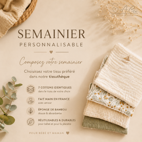 Semainier de cotons lavables personnalisable bébé et maman présenté dans une ambiance naturelle et chaleureuse avec tissus assortis et décoration douce beige et eucalyptus