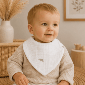 Bavoir bandana bébé Brise Polaire en double gaze de coton blanche à motif petits oursons gris