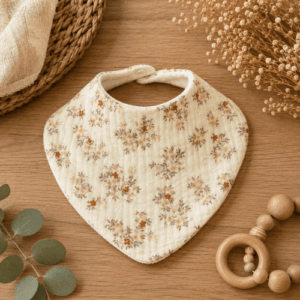 Bavoir bandana bébé Charme d’Antan en double gaze de coton écrue à motif floral dans les tons rose et caramel