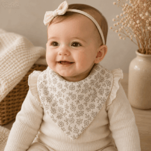 Bavoir bandana bébé Poésie Champêtre en double gaze blanche à fleurs minimalistes marron